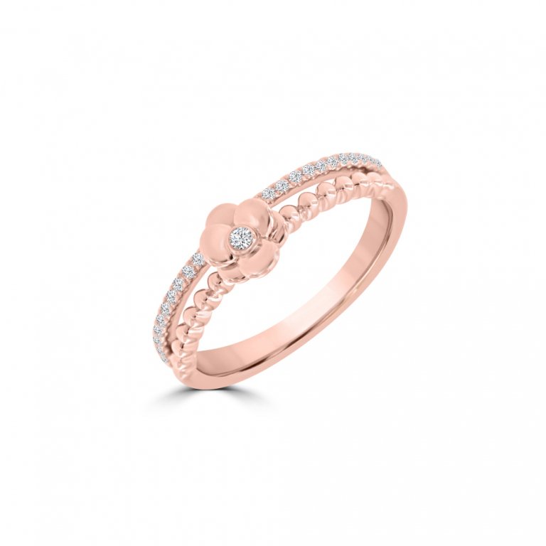 Diamond Camelia Flower Double Row Ring in 18K Rose Gold
