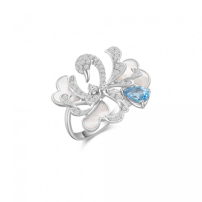 Blue Topaz Mother of Pearl Diamond Swan Ring in 18K White Gold