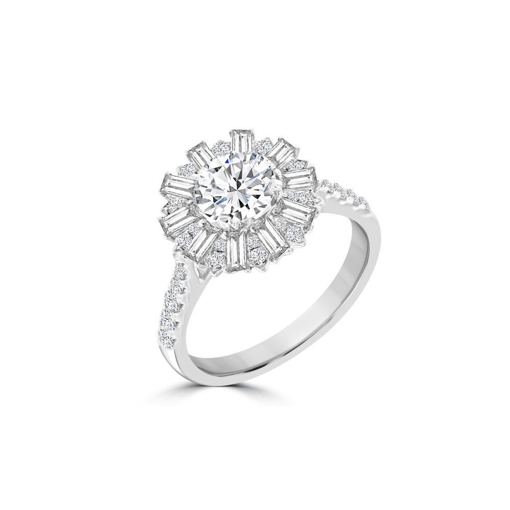 Baguette Diamond Sunburst Halo Engagement Ring