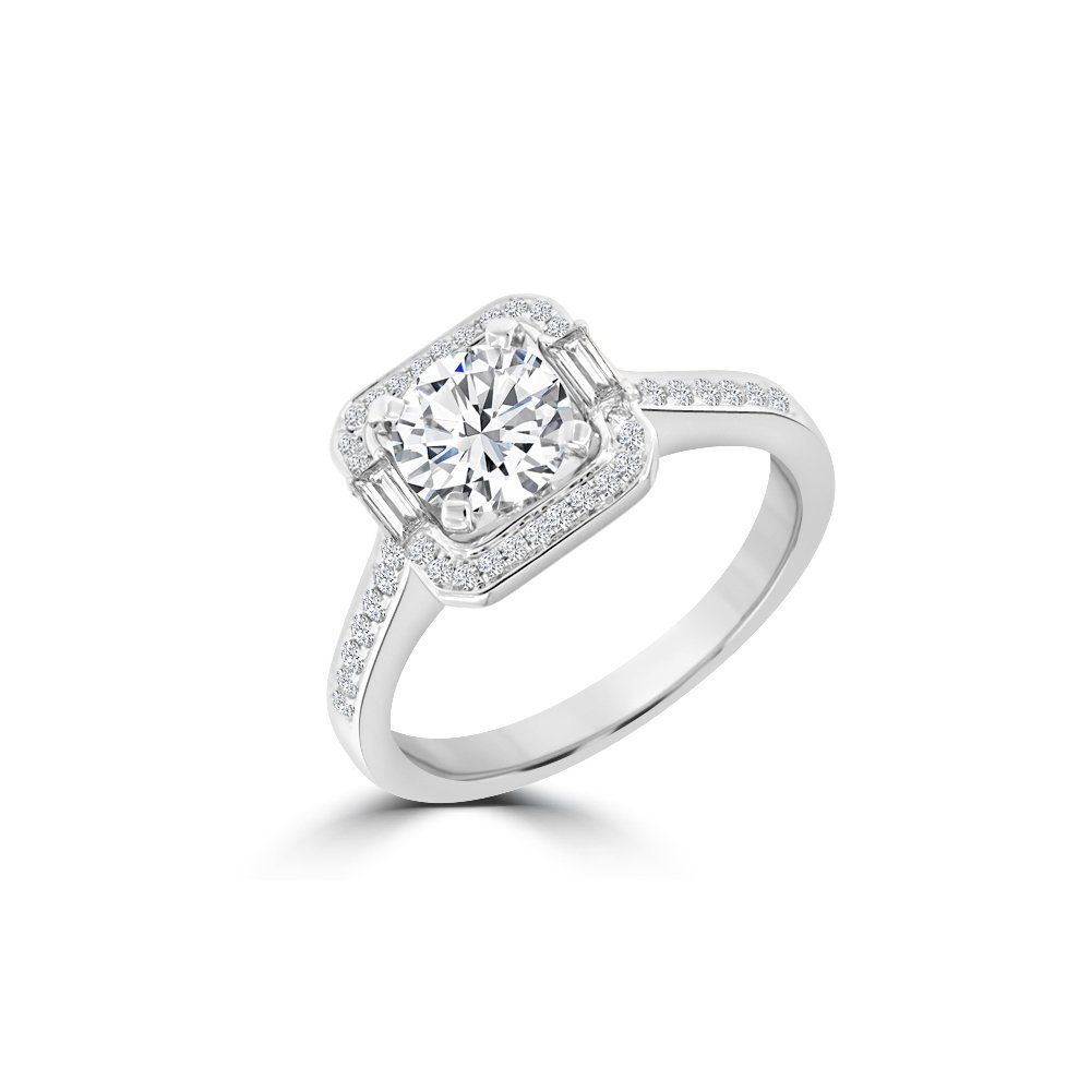 Baguette Diamond Cushion Halo Engagement Ring