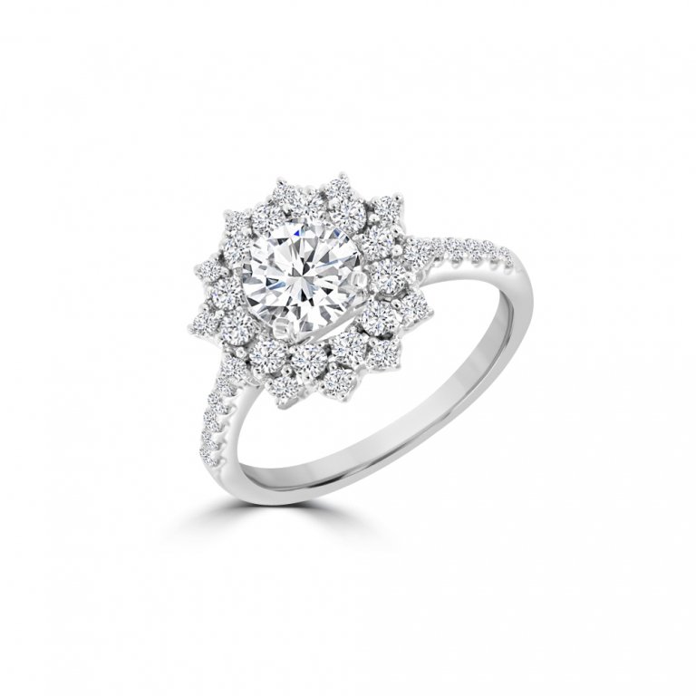 Diamond Flower Cluster Halo Engagement Ring in 18K White Gold