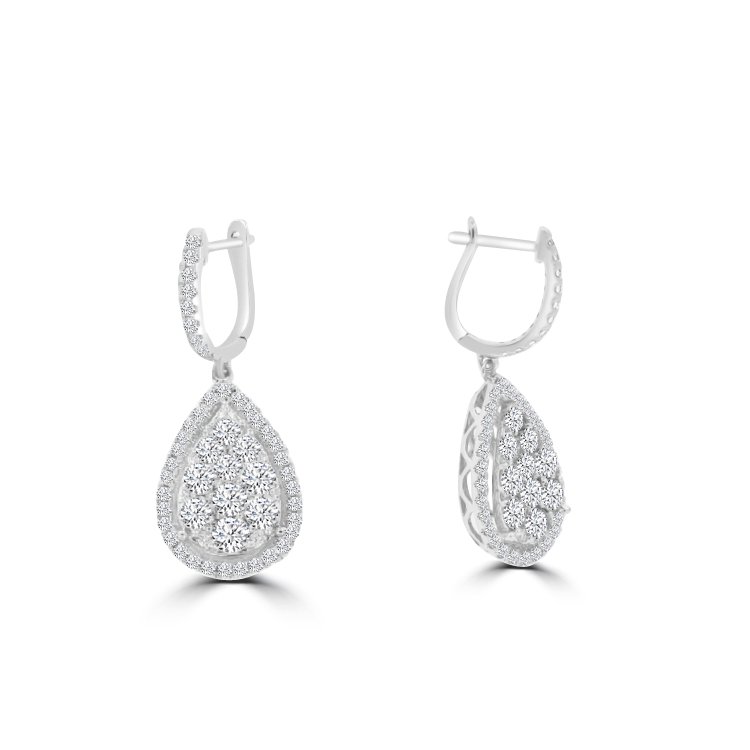 Diamond Teardrop Cluster Drop Huggie Earrings in 18K White Gold