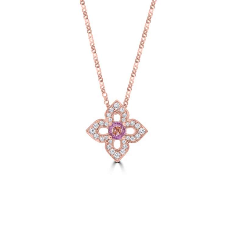 Pink Sapphire Diamond Open Petal Floral Pendant with Chain in 18K Rose Gold