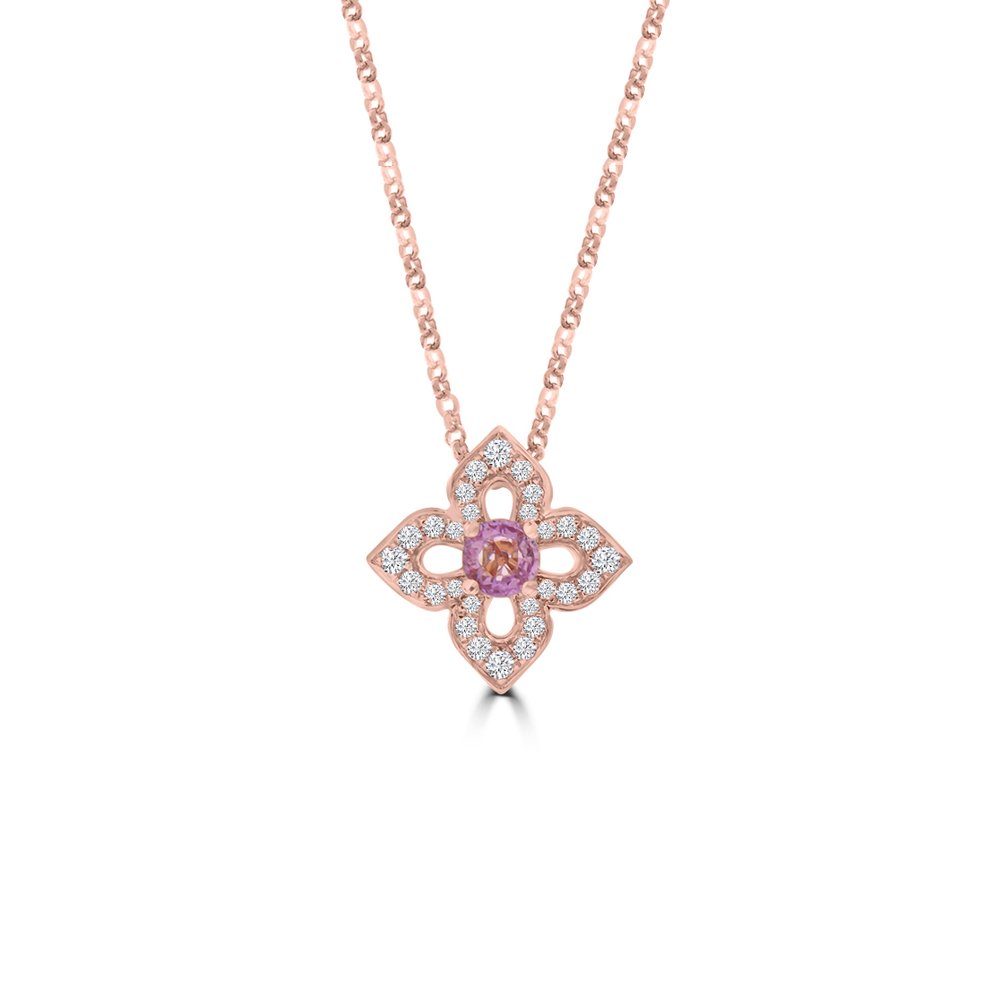 Pink Sapphire Diamond Open Petal Floral Pendant with Chain in 18K Rose Gold
