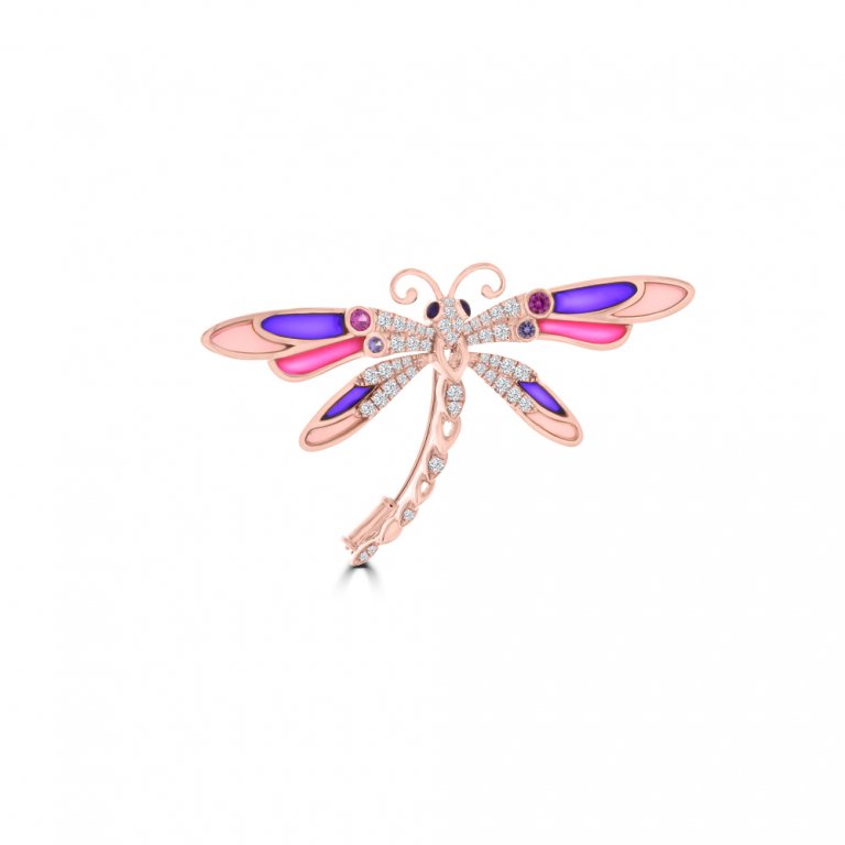 Multi Sapphire Diamond Enamel Dragonfly Brooch in 18K Rose Gold