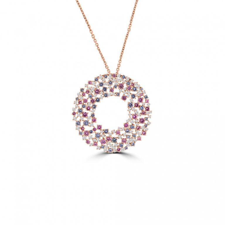 Multi Sapphire Diamond Sprinkle Cluster Open Circle Pendant with Chain in 18K Rose Gold