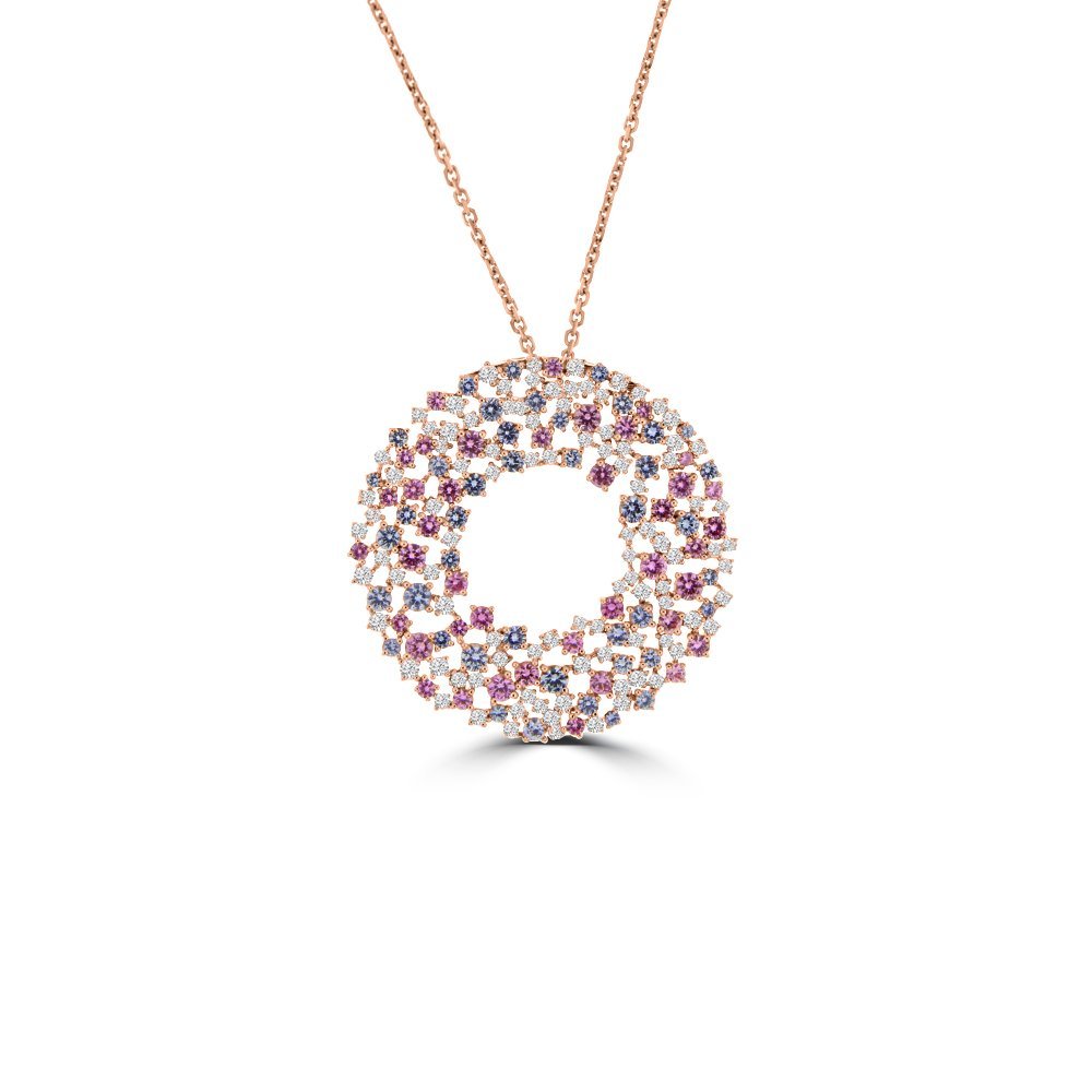 Multi Sapphire Diamond Sprinkle Cluster Open Circle Pendant with Chain in 18K Rose Gold