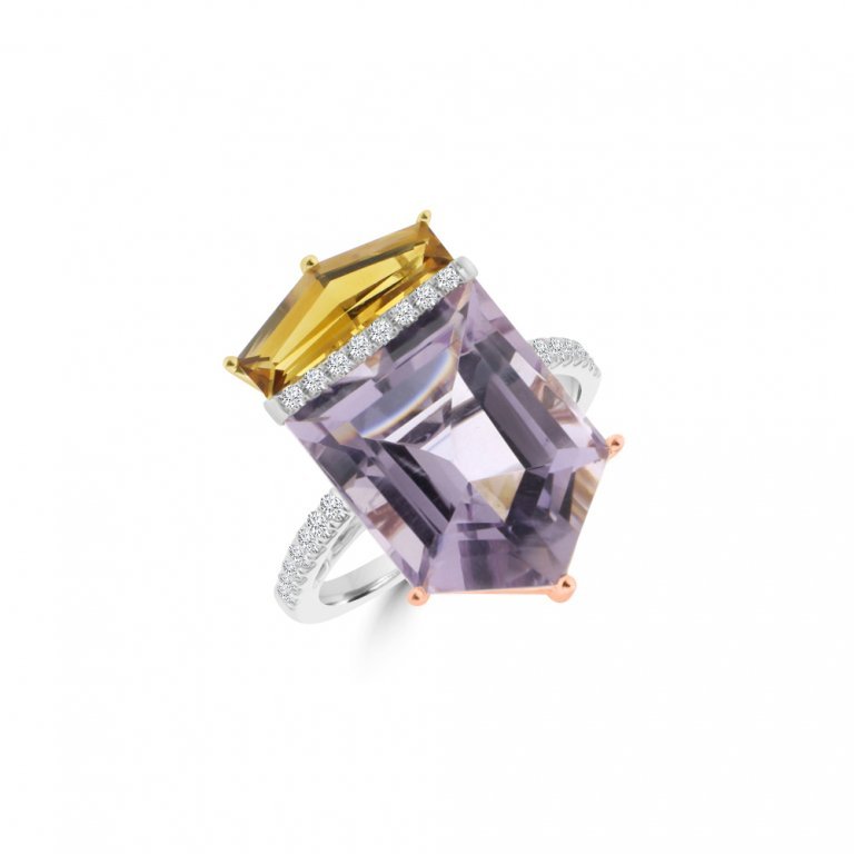 Amethyst Citrine Diamond Cocktail Ring in 18K White Gold, 18K Rose Gold, 18K Yellow Gold