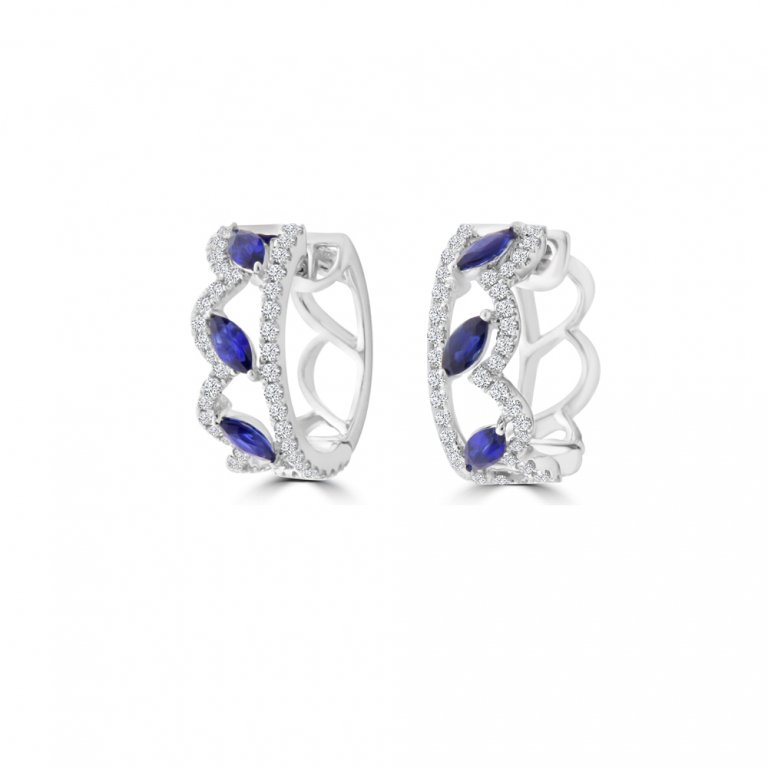 Marquise Sapphire Diamond Lace Huggie Earrings in 18K White Gold
