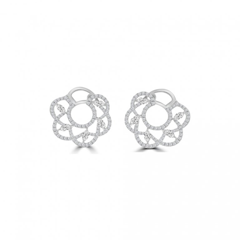 Marquise Diamond Floral Lace Front Hoop Earrings in 18K White Gold