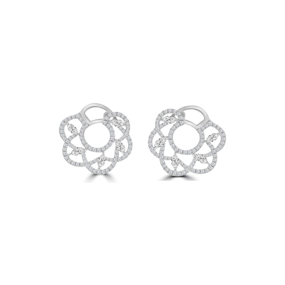 Marquise Diamond Floral Lace Front Hoop Earrings in 18K White Gold
