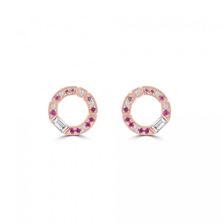 Pink Sapphire Diamond Open Circle Earrings in 18K Rose Gold