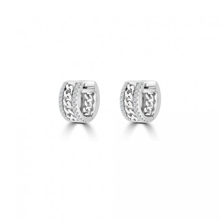 Diamond Curb Chain Huggie Earrings in 18K White Gold
