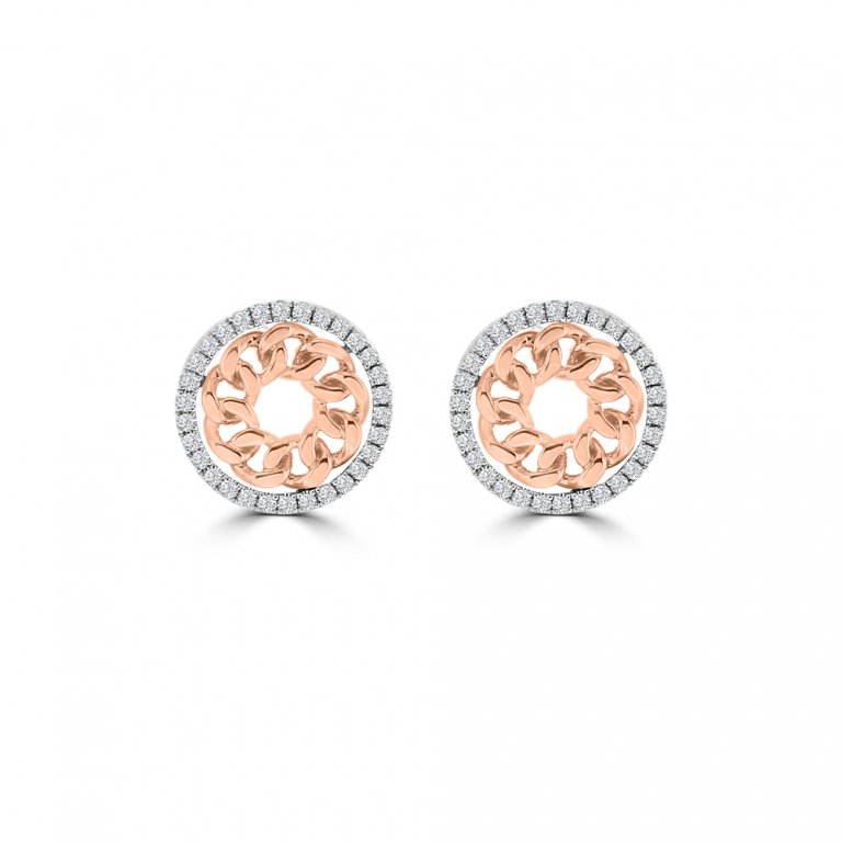 Diamond Curb Chain Open Circle Earrings in 18K White Gold, 18K Rose Gold