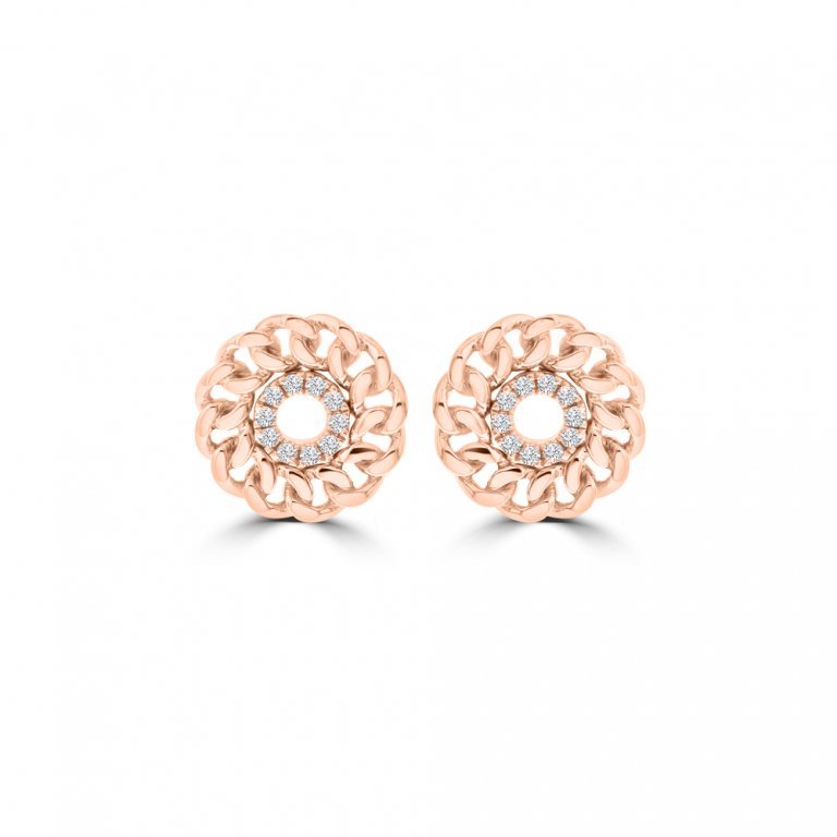 Diamond Curb Chain Open Circle Earrings in 18K Rose Gold