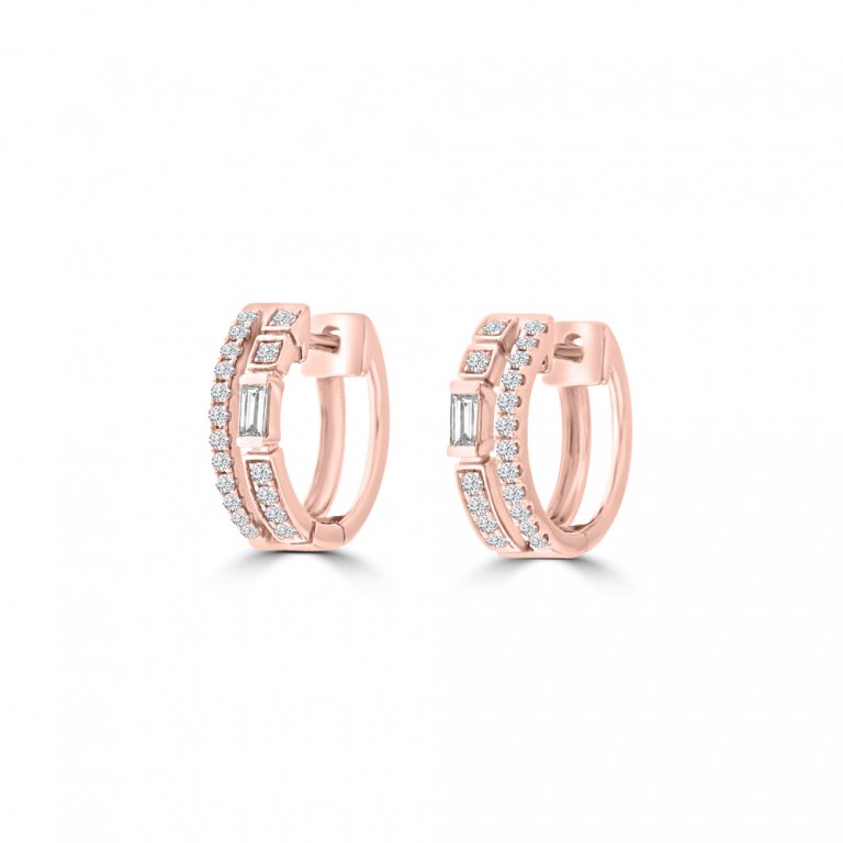 Baguette Diamond Double Row Huggie Earrings in 18K Rose Gold