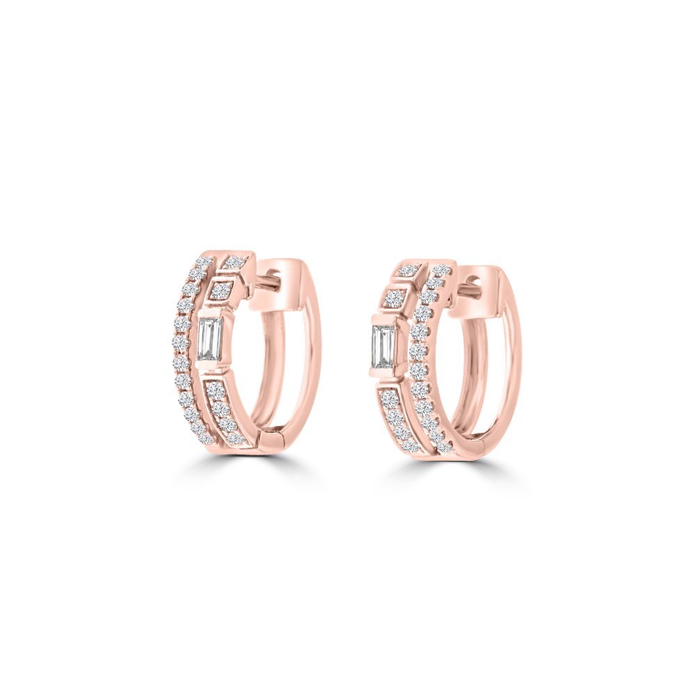Baguette Diamond Double Row Huggie Earrings in 18K Rose Gold
