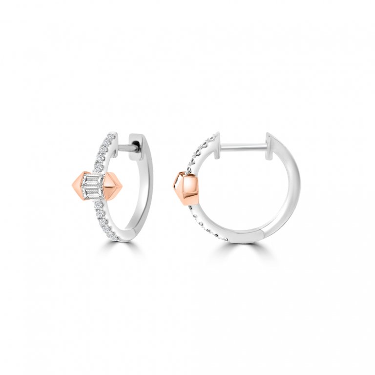 Diamond Polygon Huggie Earrings in 18K White Gold, 18K Rose Gold