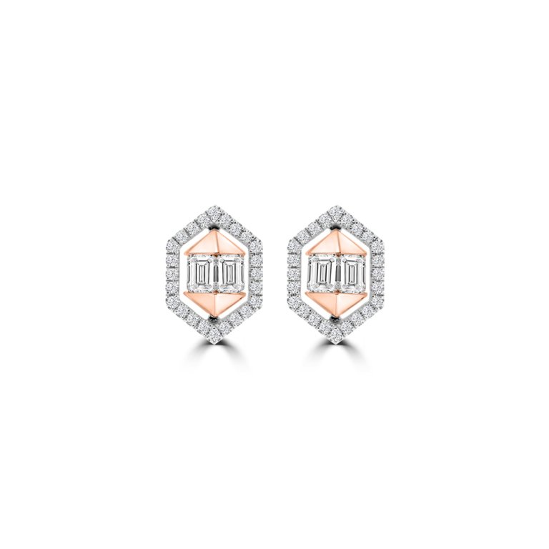 Diamond Polygon Stud Earrings in 18K White Gold, 18K Rose Gold