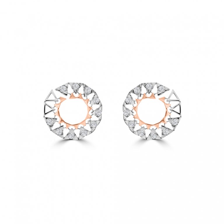 Diamond Triangle Pattern Fancy Halo Stud Earrings in 18K White Gold, 18K Rose Gold