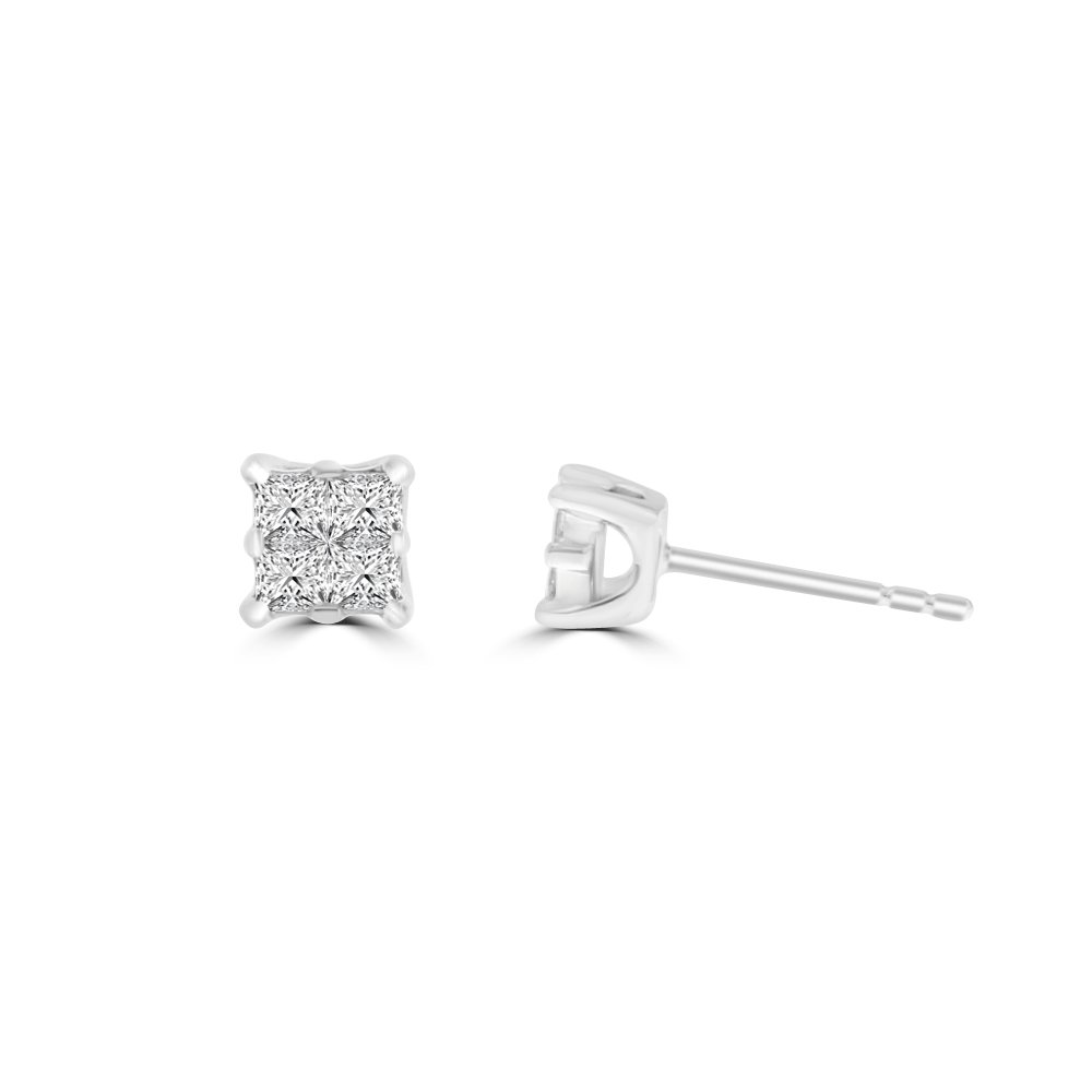 Diamond Princess Cut Cluster Stud Earrings (S)