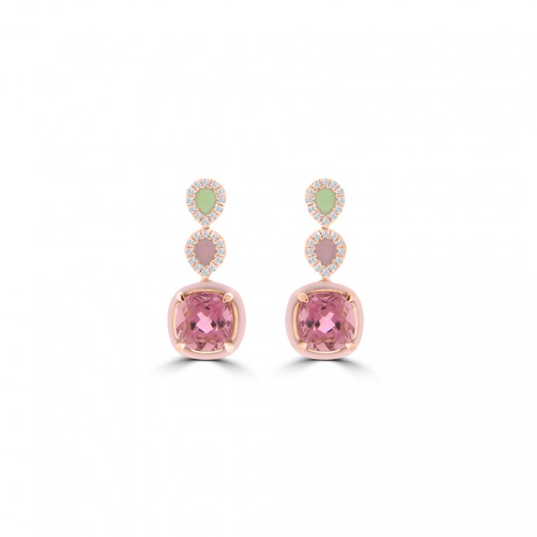Pink Tourmaline Diamond Enamel Geometric Earrings in 14K Rose Gold