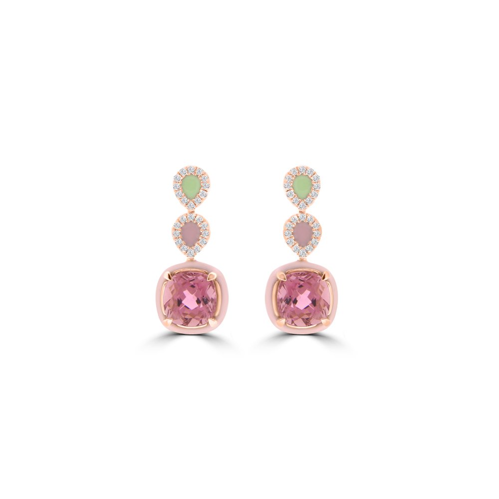 Pink Tourmaline Diamond Enamel Geometric Earrings in 14K Rose Gold