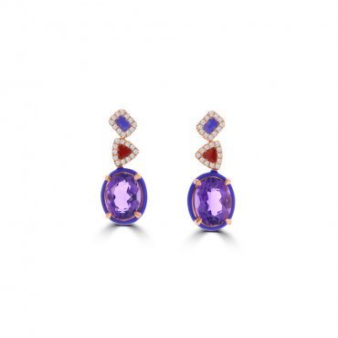 Amethyst Diamond Enamel Geometric Drop Earrings in 14K Rose Gold
