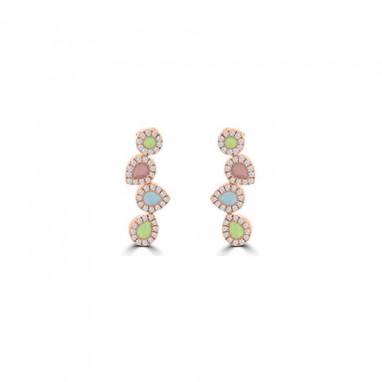 Diamond Enamel Quartet Geometric Drop Earrings in 14K Rose Gold