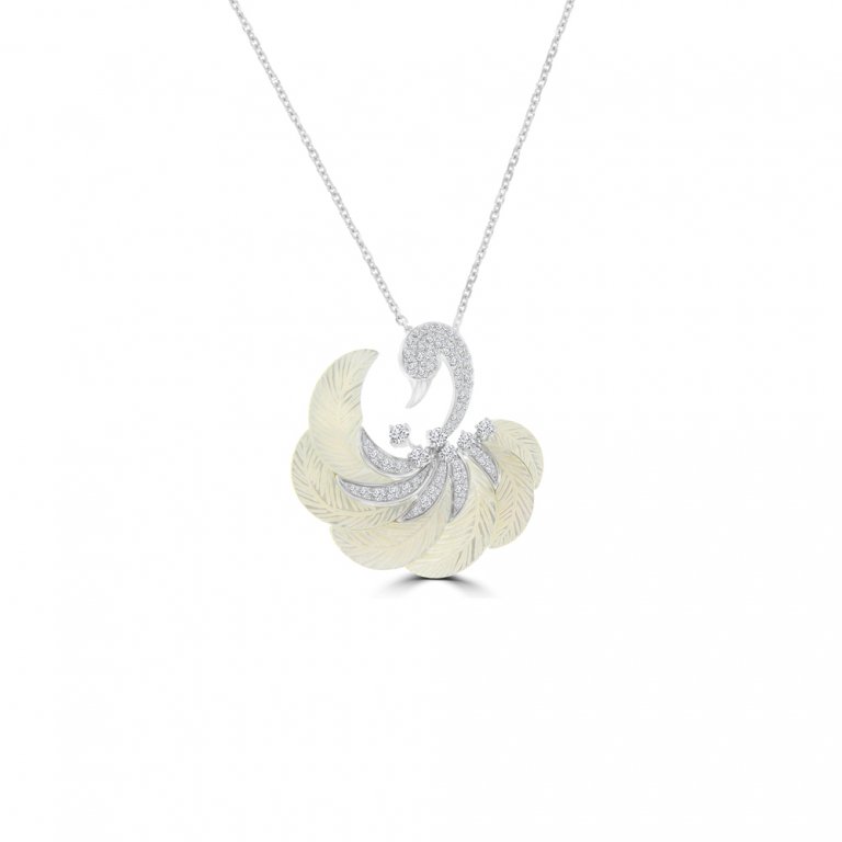 Mother of Pearl Diamond Swan Pendant with Chain in 18K White Gold