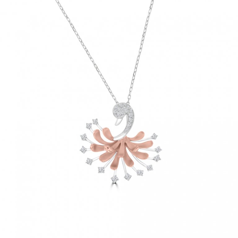 Diamond Swan Pendant with Chain in 18K White Gold, 18K Rose Gold