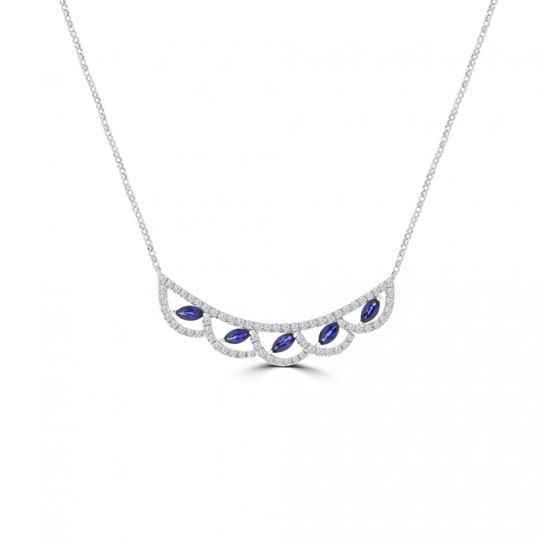 Marquise Sapphire Diamond Lace Curve Pendant with Chain in 18K White Gold