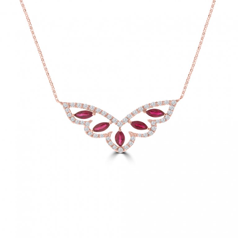 Marquise Ruby Diamond Lace Crown Pendant with Chain