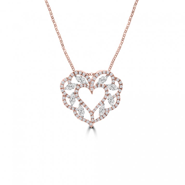 Marquise Diamond Heart Lace Pendant with Chain in 18K White Gold, 18K Rose Gold