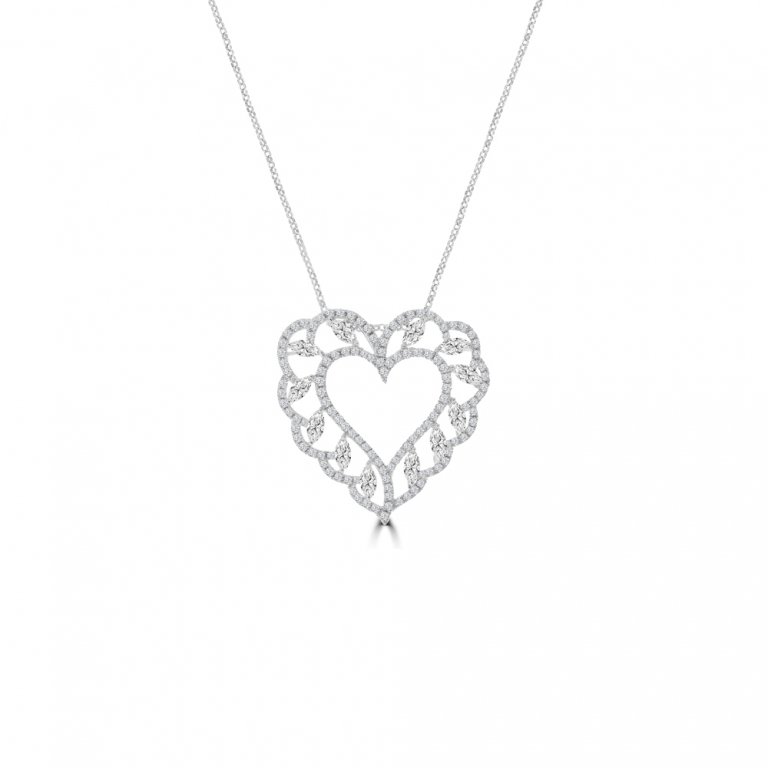 Marquise Diamond Heart Lace Pendant with Chain in 18K White Gold