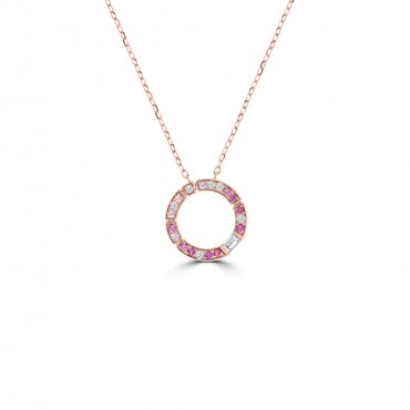 Pink Sapphire Diamond Open Circle Pendant with Chain in 18K Rose Gold