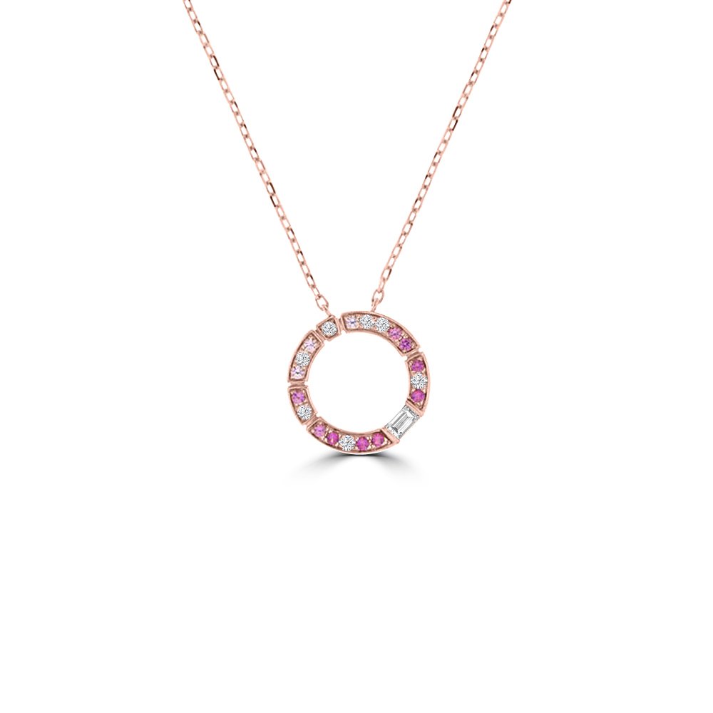 Pink Sapphire Diamond Open Circle Pendant with Chain in 18K Rose Gold
