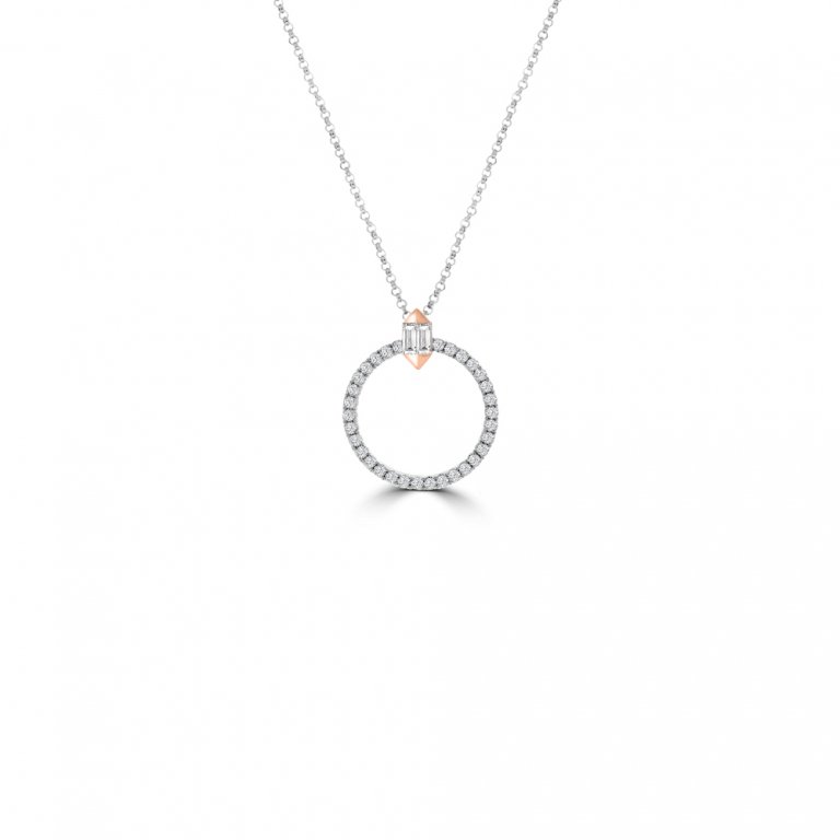 Diamond Polygon Open Circle Pendant with Chain in 18K White Gold, 18K Rose Gold