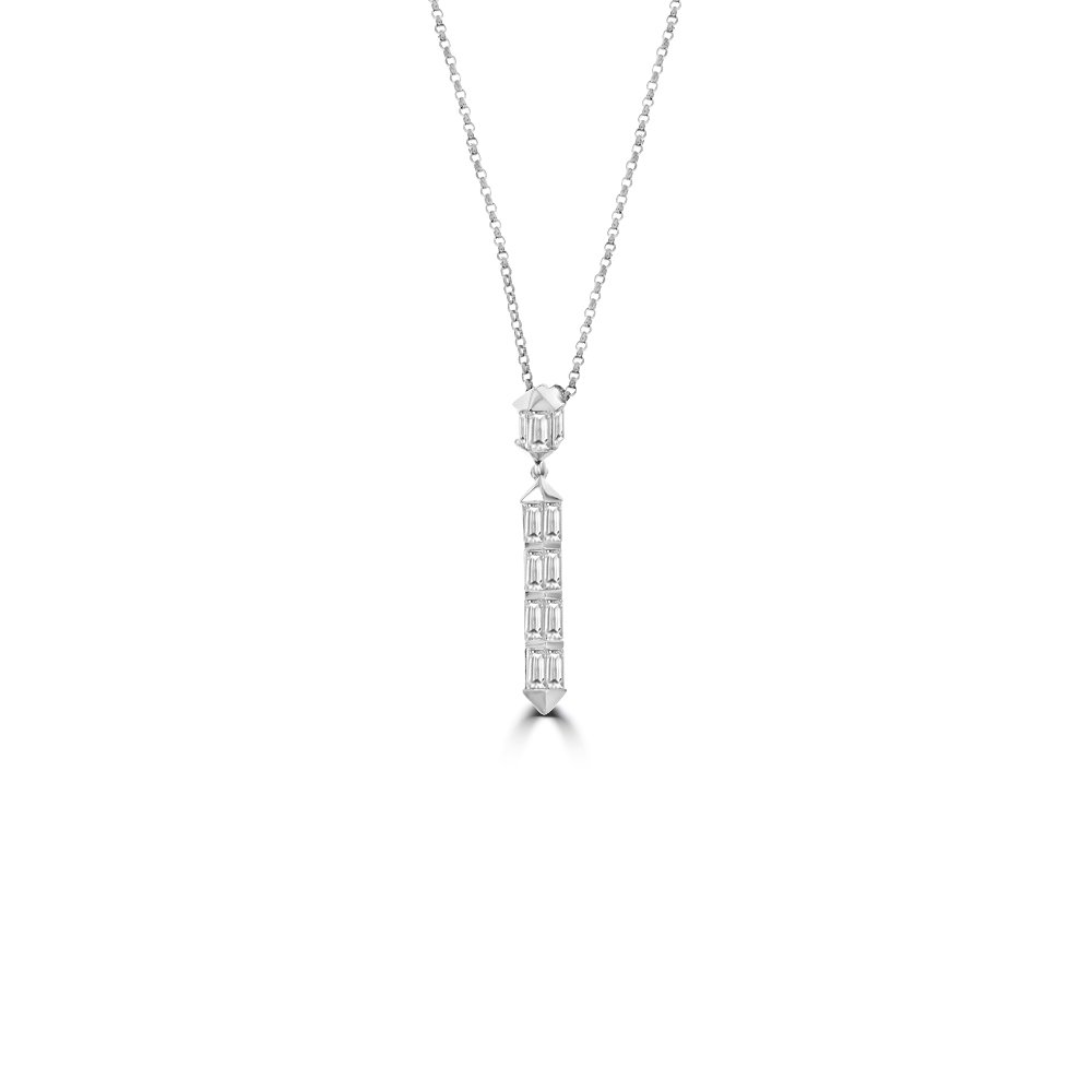 Baguette Diamond Vertical Drop Pendant with Chain in 18K White Gold