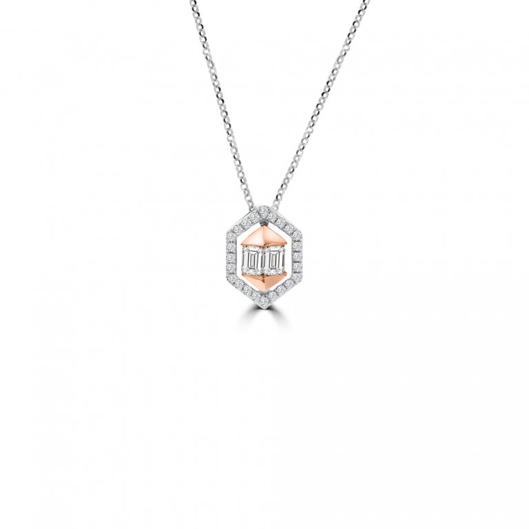 Diamond Polygon Pendant with Chain in 18K White Gold, 18K Rose Gold
