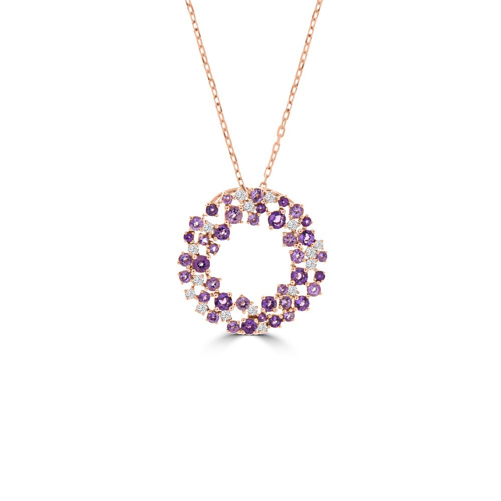 Amethyst Diamond Sprinkle Cluster Open Circle Pendant with Chain
