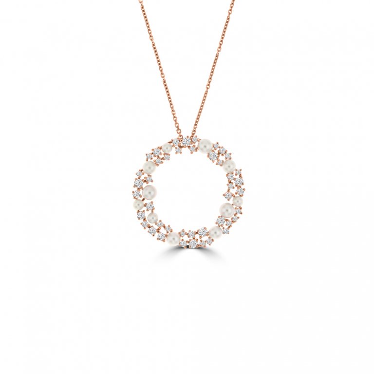 Akoya Pearl Diamond Sprinkle Cluster Open Circle Pendant with Chain in 18K Rose Gold