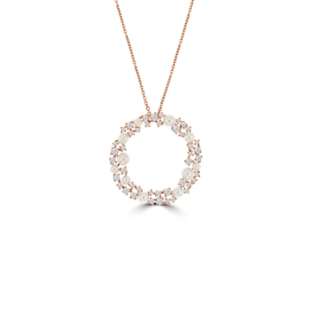 Akoya Pearl Diamond Sprinkle Cluster Open Circle Pendant with Chain