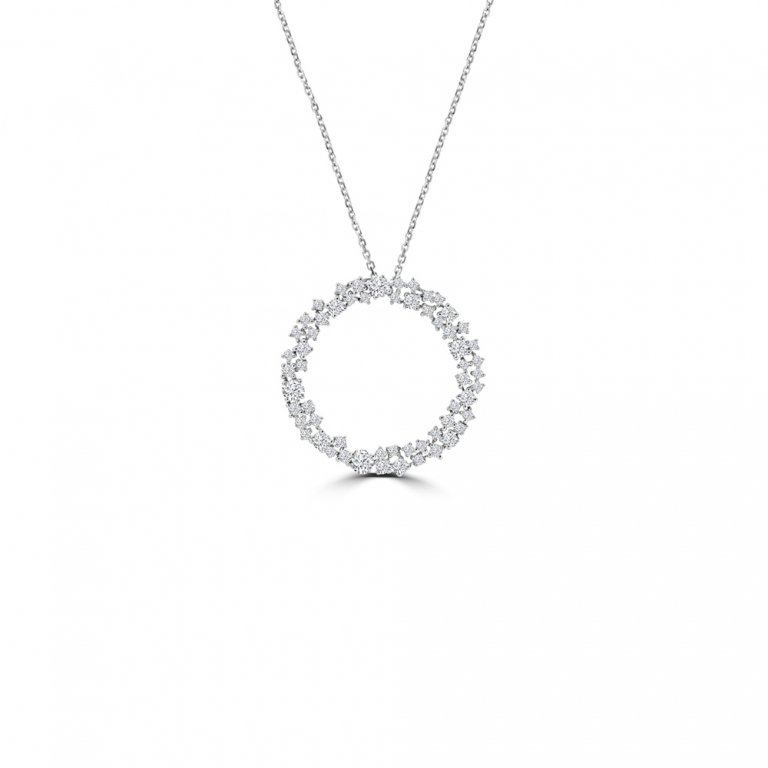 Diamond Sprinkle Cluster Open Circle Pendant with Chain in 18K White Gold