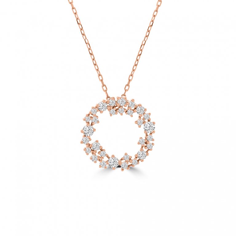 Diamond Sprinkle Cluster Open Circle Pendant with Chain in 18K Rose Gold