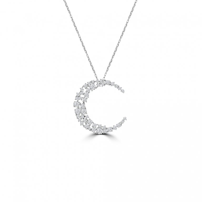 Diamond Spinkle Crescent Pendant with Chain in 18K White Gold