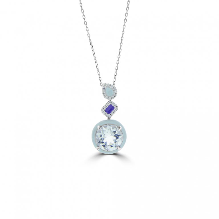 Aquamarine Diamond Enamel Geometric Drop Pendant with Chain in 14K White Gold