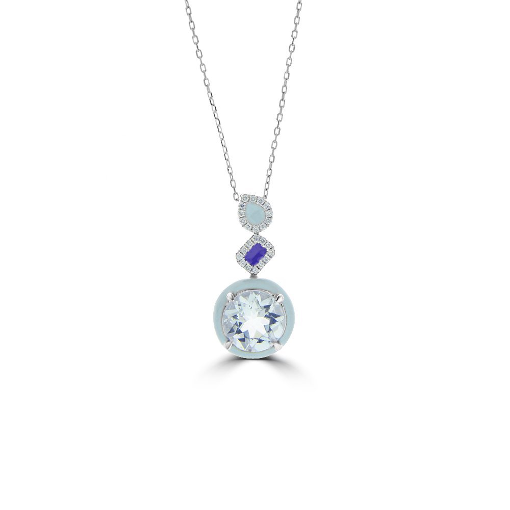 Aquamarine Diamond Enamel Geometric Drop Pendant with Chain in 14K White Gold