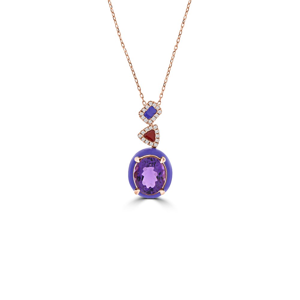 Amethyst Diamond Enamel Geometric Drop Pendant with Chain