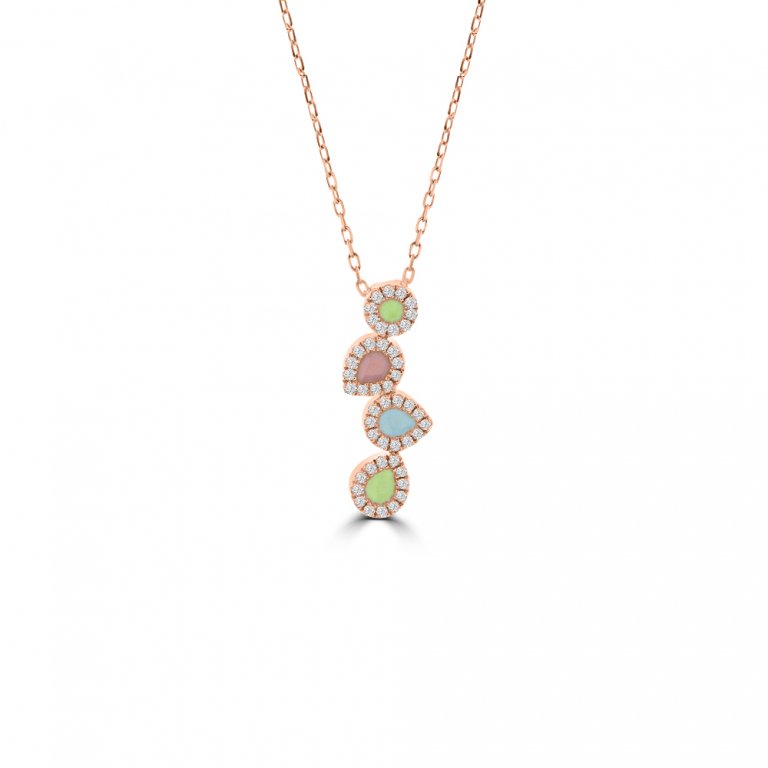 Diamond Enamel Quartet Geometric Drop Pendant with Chain in 14K Rose Gold